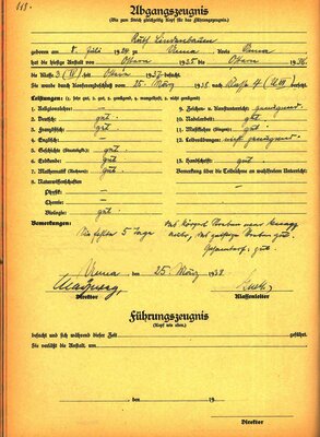 Abgangszeugnis des Städtischen Oberlyzeums Unna für Ruth Lindenbaum 