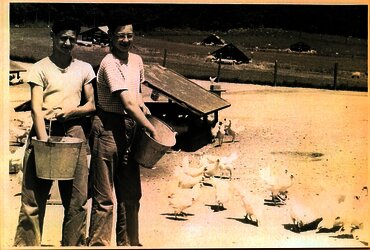 Manfred und Siegfried Lindenbaum 1946 auf der Hühnerfarm ihrer Tante in New Jersey